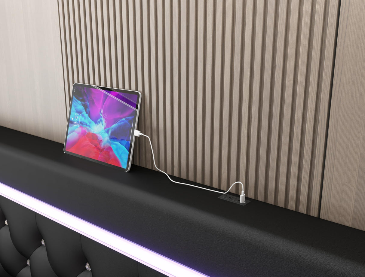 Benevika LED Upholstered Queen Size Bed Frame with Adjustable Headboard and USB Charging Station Benevika