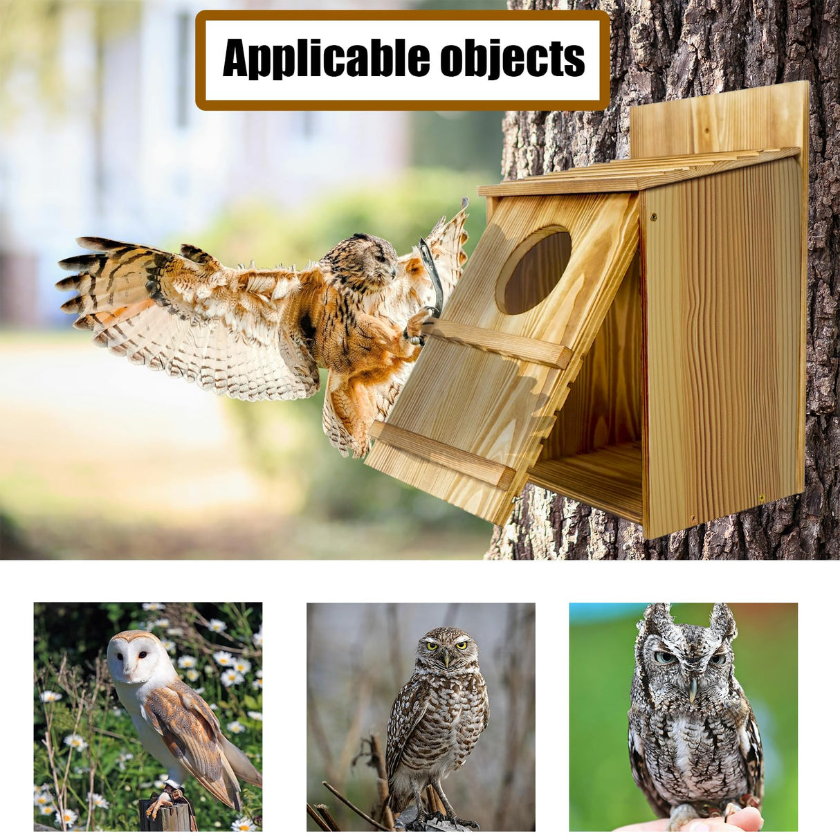 BKISVWCSop Owl House,Wooden Owl Box,Owl Houses for Outdoors, Suitable for Screech Owl Nesting Box and Kestrels, Easy Assembly with Circular Opening, Includes Mounting Screws and Wood Shavings BKISVWCSop