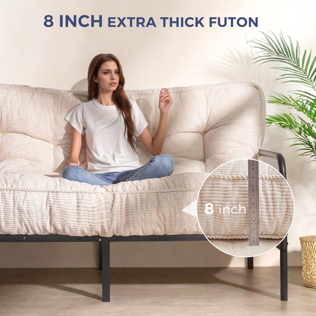 MAXYOYO 8" Futon Mattress Full Size, Ultra Thick Futons Sofa Couch Bed Tufted Sleeper Sofa Bed, Floor Mattress for Adults, Shredded Foam Filling (Frame Not Included), Beige MAXYOYO