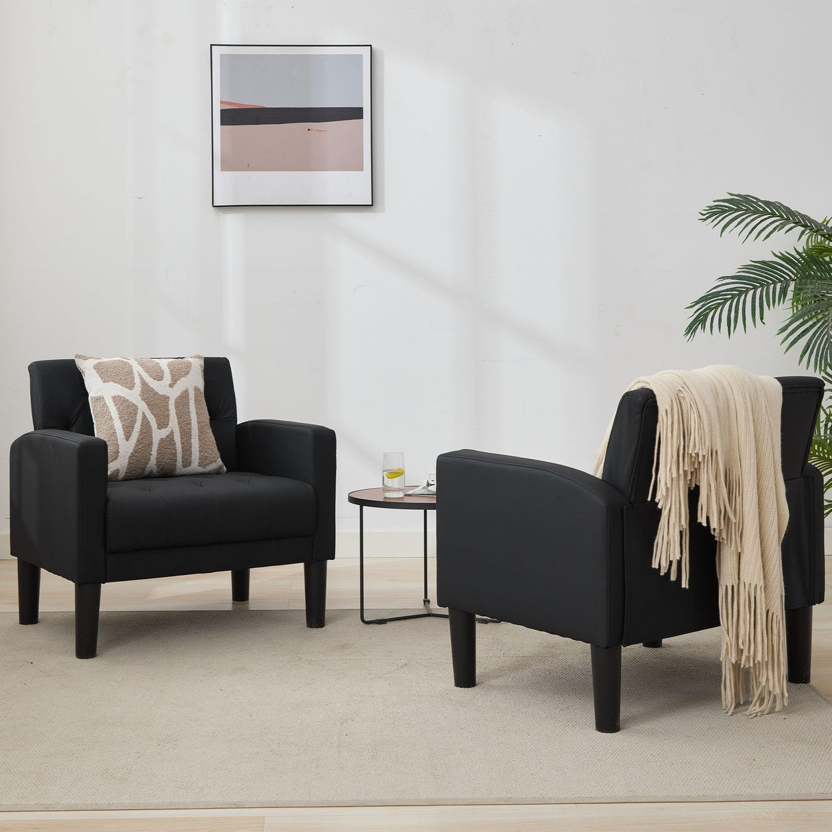 TYBOATLE Accent Chairs Set of 2 Comfy Living Room Chair Black Leather Tufted Mid Century Modern Accent Chair, Small Cozy Reading Arm Chair for Office, Bedroom (2, Black) TYBOATLE
