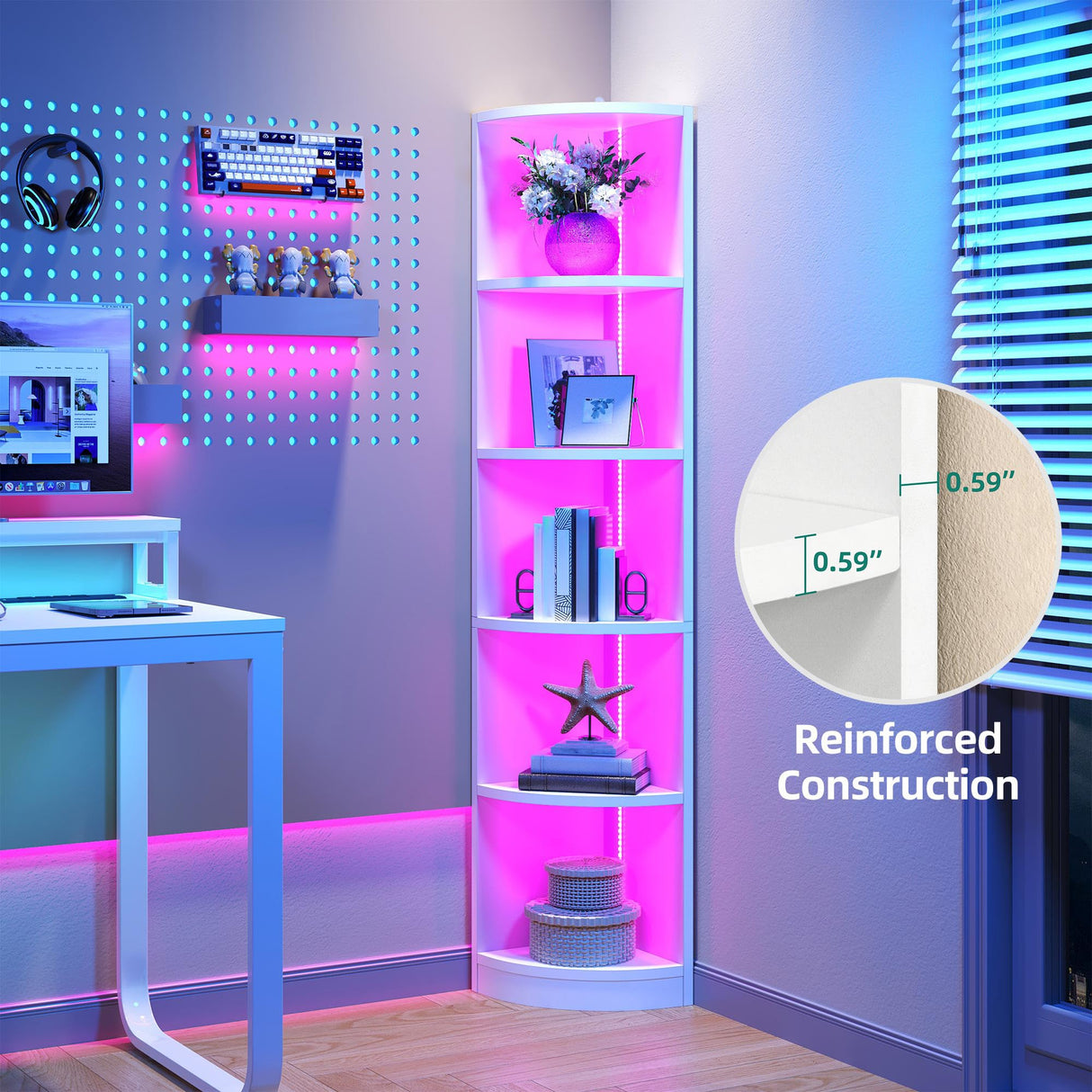 YITAHOME 70.8" Corner Shelf with LED Light, 5 Tier Modern Corner Bookshelf, Display Corner‘s Bookcase and Bookshelves,Wooden Open Storage Book Shelves for Bedroom, Living Room, Home Office, White YITAHOME