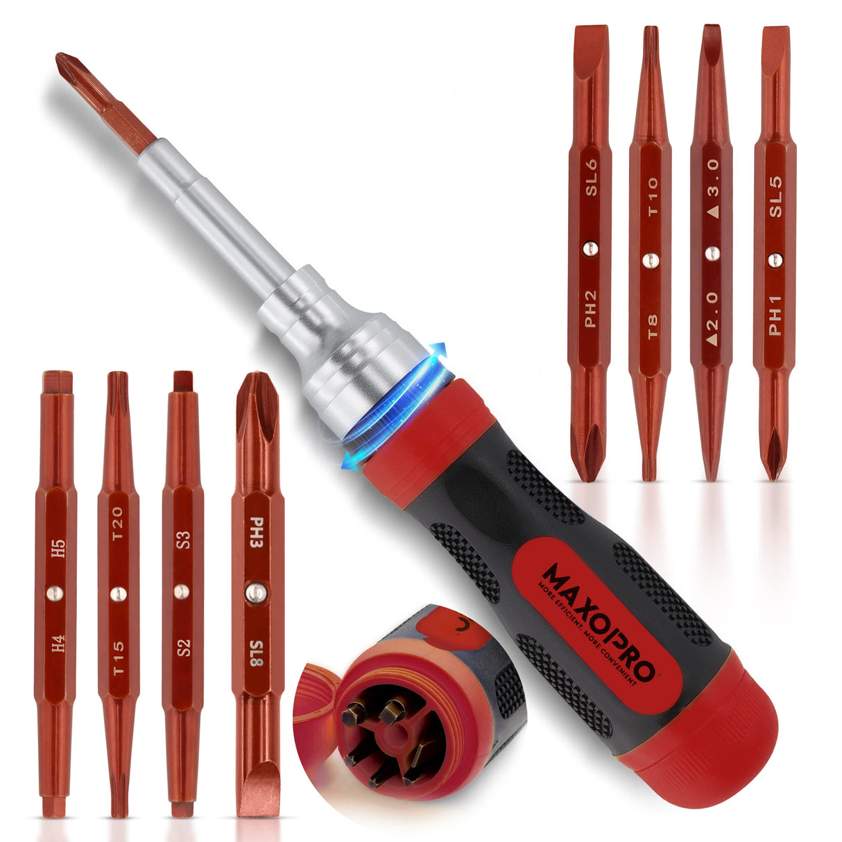 MaxoPro Ratcheting Screwdriver Set with Magnetic Tips - 19 In 1 Ratchet Multi Screwdriver - Portable and Multipurpose All In One Screwdriver, Phillips//Torx-Star/Hex/Square Bits MaxoPro