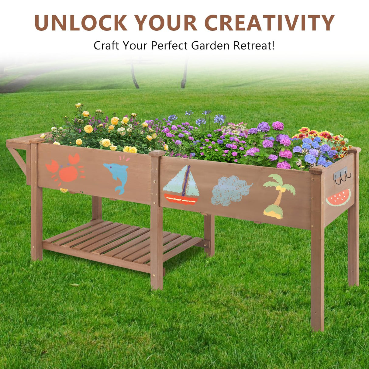 ketive Raised Garden Bed with Legs Outdoor,Elevated Garden Box,Storage Shelf, Protective Liner for Backyard,Patio,Balcony,80x23x30in (Brown) ketive