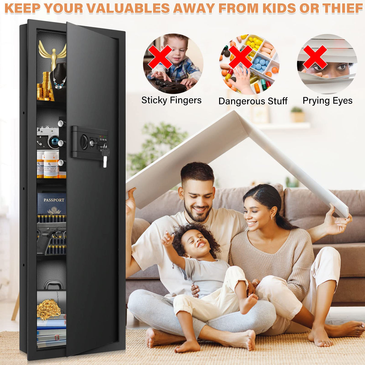 43.3-inch Tall Fireproof Wall Safes Between the Studs, Large Home Wall Safe with Combination Lock and Removable Shelf, Security Wall Safes for Home Firearm Money Valuables Tiskgg