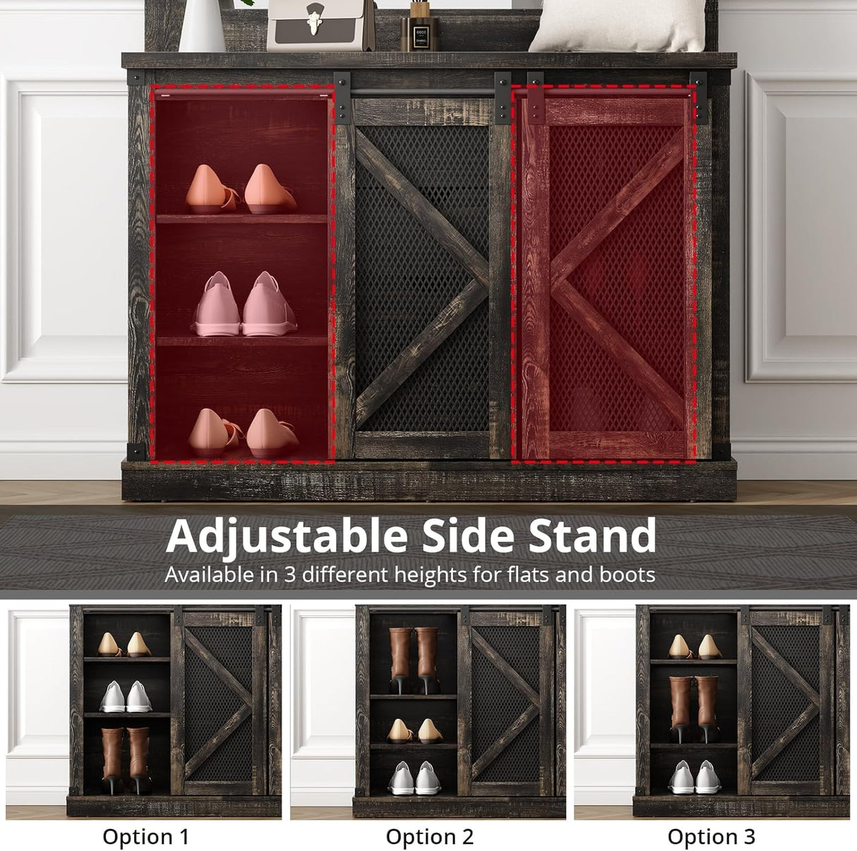 FinerFurnis 77 Inch Farmhouse Hall Tree Bench with 2 Mirrors, Shoe Storage, Coat Rack, Sliding Barn Doors, Wooden Entryway Organizer Furniture for Apartments, Mudroom, Deep Oak FinerFurnis