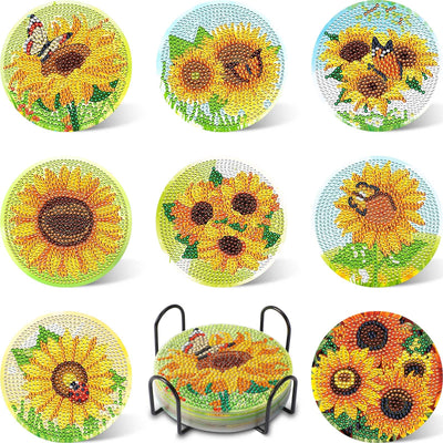 UPINS 8Pcs Sunflower Diamond Art Painting Coasters for Drinks DIY Coaster Diamond Art Kits for Adults Diamond Art Craft Supplies (Sunflower)