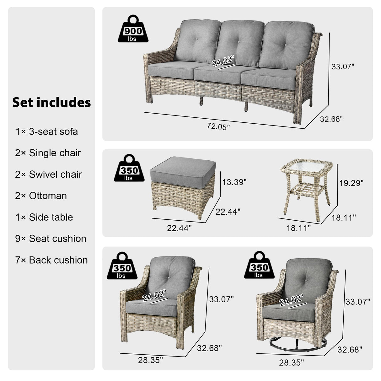 ovios 8 Piece Outdoor Patio Furniture with Cozy Comfortable Swivel Chair,Rattan Wicker Coversation Couch Set with 3 Seater Sofa,Sectional Set for Outside Patio Balcony Backyard Pool,Dark Grey ovios