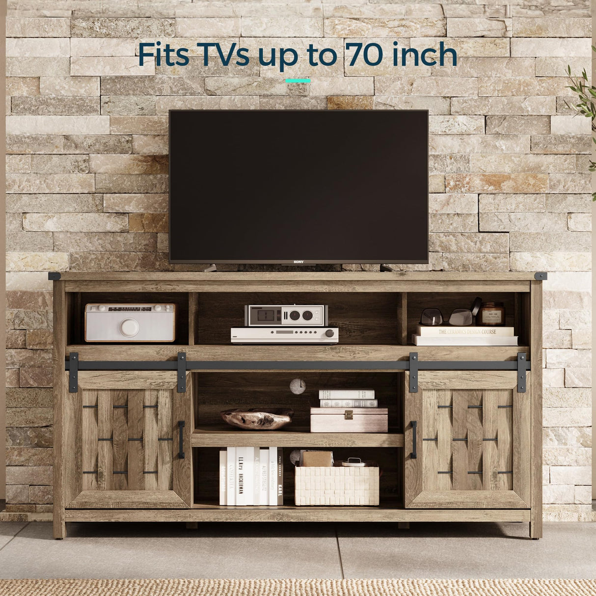 LINSY HOME Farmhouse TV Stand for 65 Inch TV, Tall Highboy Entertainment Center with Sliding Barn Door, Rustic Media Console with Storage Shelves, Wood Television Stand for Living Room, Light Brown LINSY HOME