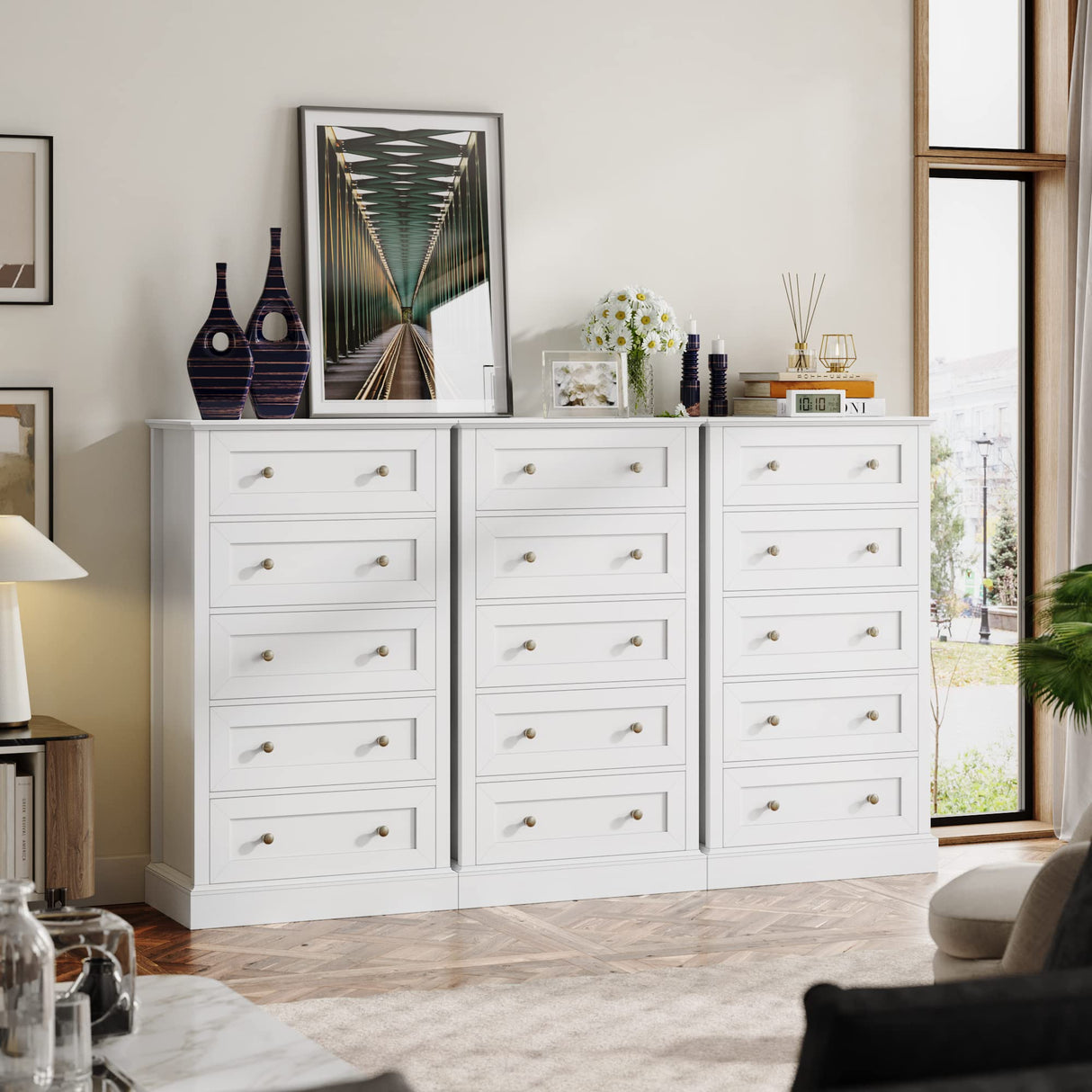 FACBOTALL 5 Drawer Dresser, 47.2" Tall White Dresser with 5 Drawers, Chest of Drawers Cabinet Wood Dresser for Hallway Living Room FACBOTALL