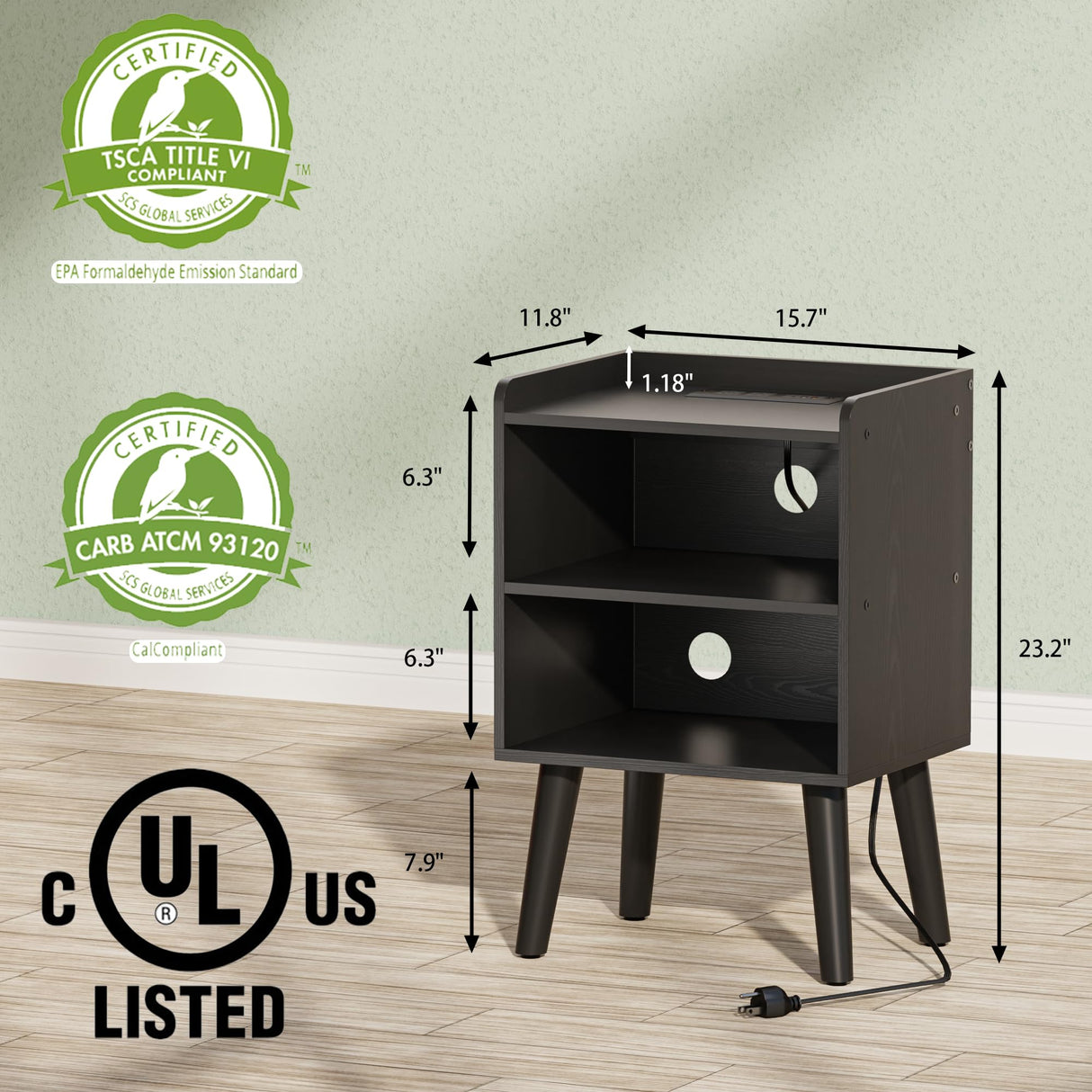 LAKEMID Night Stand with Charger Station, Bedside Table with LED Lights, Side Table with Fast USB-C Port, Nightstand with Solid Wood Feet, Small End Table for Bedroom, Living Room, Black LAKEMID