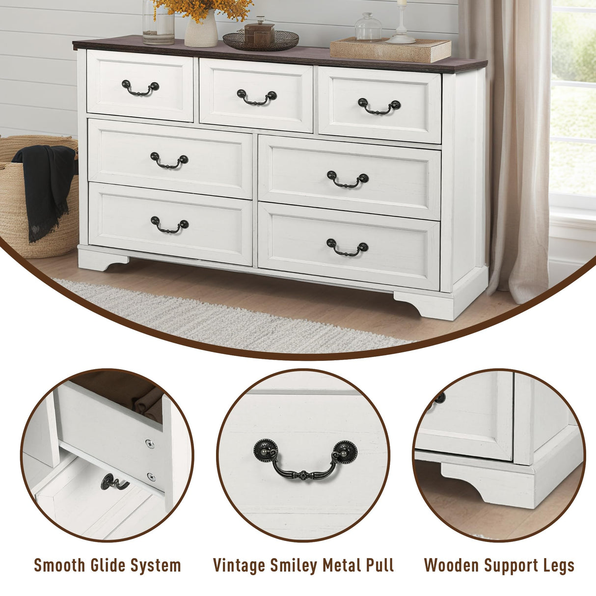 CATMIX Farmhouse Bedroom Set, 3 Pieces Bedroom Furniture Set, Rustic Wood 6 Drawer Dresser and Nightstands, Chest of Drawers Wide Storage Organizer Cabinet for Bedroom CATMIX