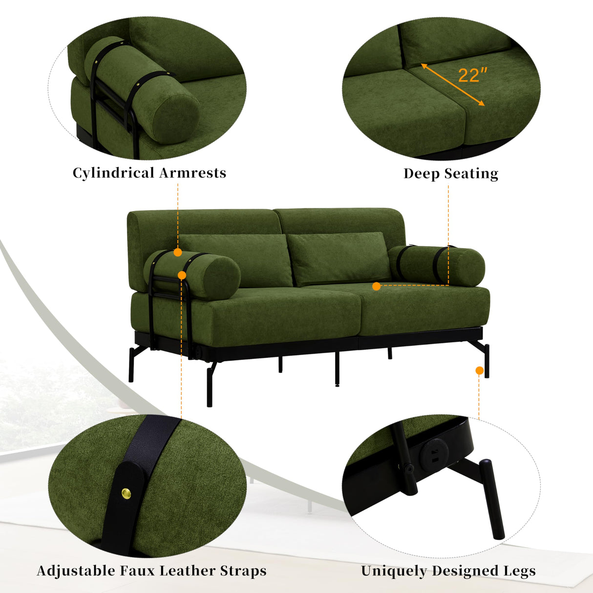 Ball & Cast Futon Sofa with Flexible USB Ports, Modern Loveseat Sofa Couch 2-Seater Sofa with Unique Cylindrical Armrests,for Small Spaces, Living Room or Office, Corduroy Futons Sofas (Green) Ball & Cast