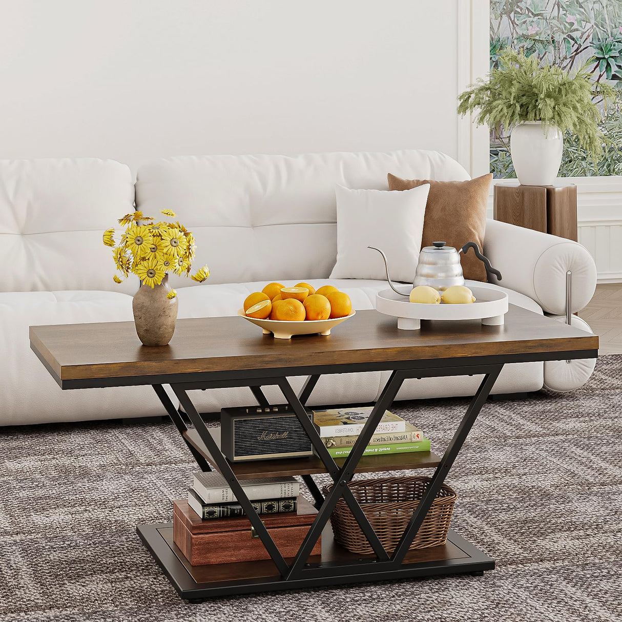 Espelism Coffee Table with Storage Industrial 3 Tier Center Living Room Table Farmhouse Wooden Rectangle Cocktail Rustic Tea Table for Office Bedroom(Brown)