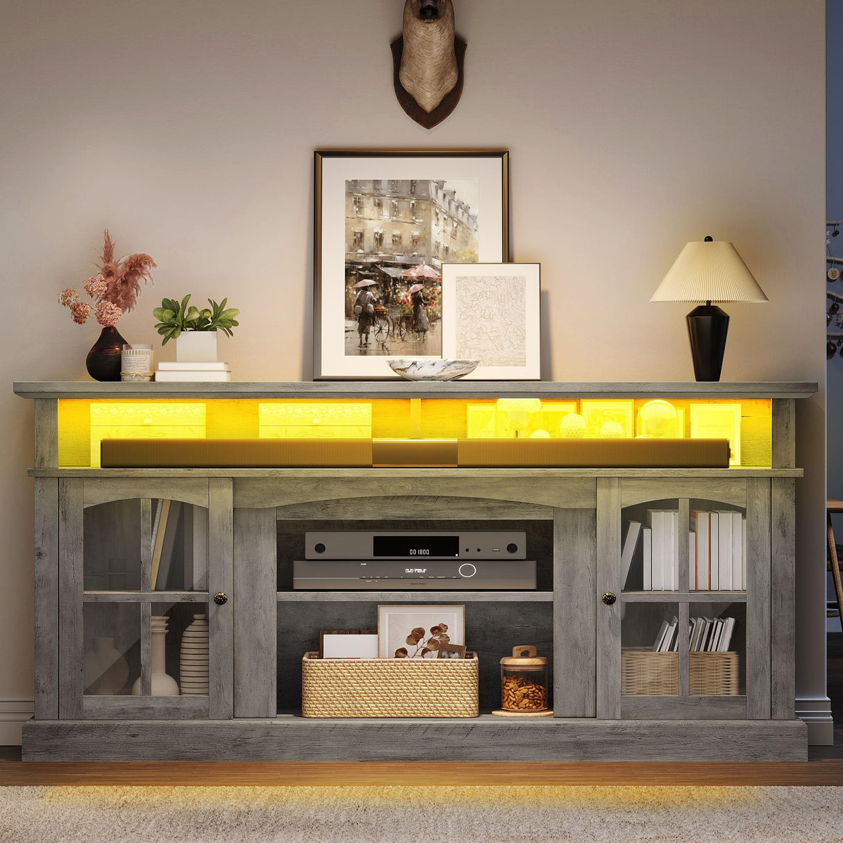 YITAHOME LED Farmhouse TV Stand for 75 Inch w/Outlets, Modern Entertainment Center with Glass Doors and Adjustable Storage Shelves, Media Console TV Cabinet for for Living Room, Grey YITAHOME