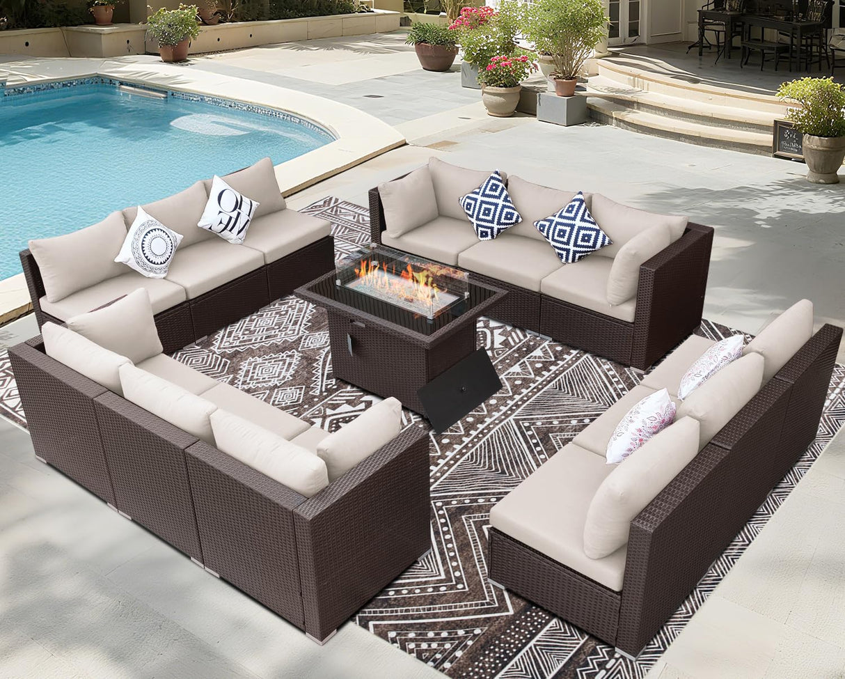 BULEXYARD 13 Piece High Back Wicker Patio Furniture Sets with Fire Pit, All-Weather Heavy Duty Outdoor Seating Set Modular, Extra Deep Wide 12-Person Sectional Couch Sofa for Backyard, Brown & Beige BULEXYARD