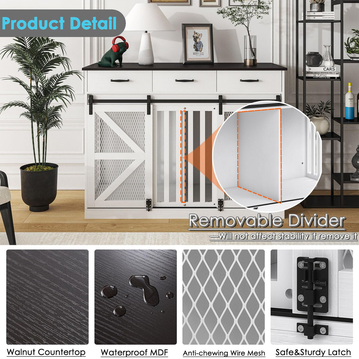 kepptory 48'' Dog Crate Furniture with Divider&Storage Drawers, Wooden Double Dog Kennel Furniture End Table with Sliding Barn Doors, White Double Dog Crate TV Stand kepptory