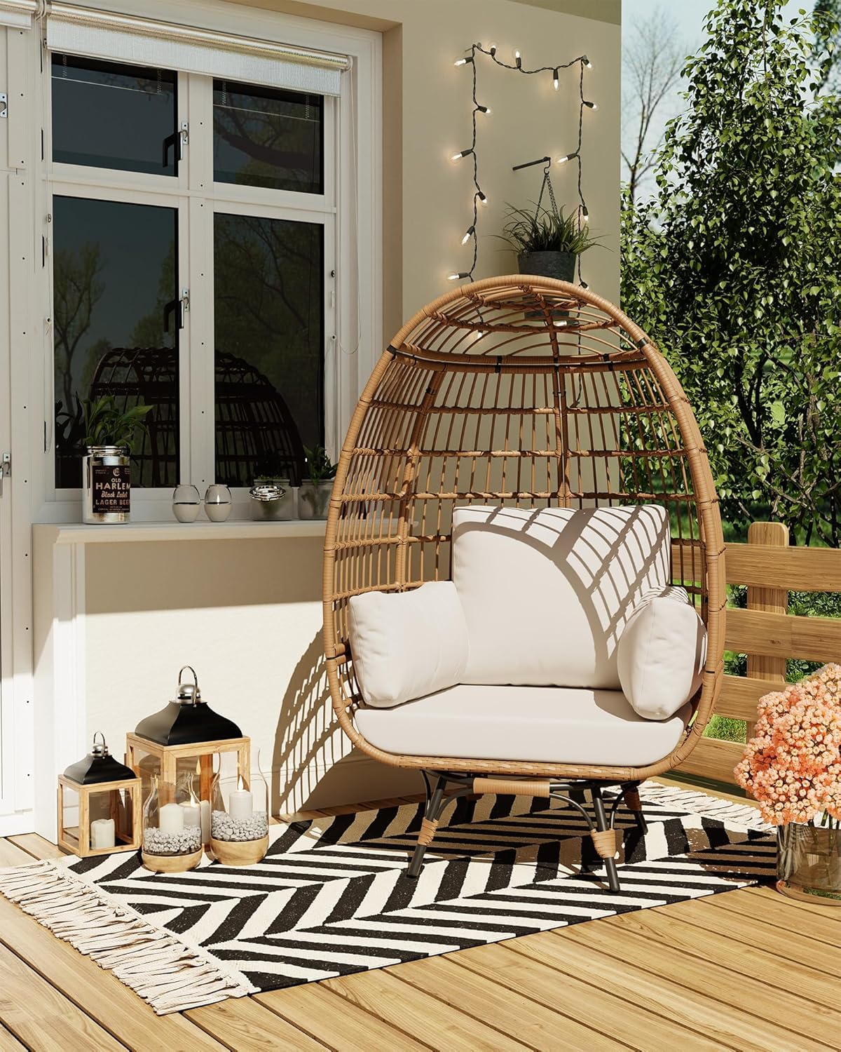 FinerFurnis Outdoor 360° Swivel Egg Chair - Oversized Egg-Shaped Lounge Chair, Steel Frame, 4 Thick Cushions, Patio Rotating Wicker Egg Basket, Indoor Outdoor Porch Living Room, Beige FinerFurnis