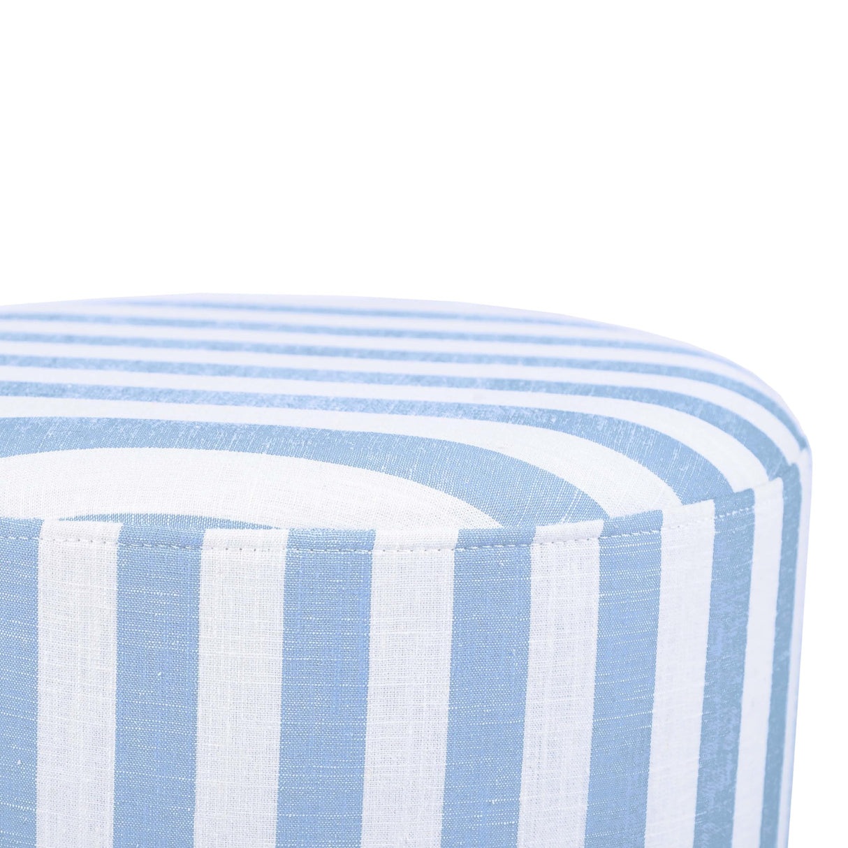 Tov Furniture Dex Pastel Blue Striped Linen Round Ottoman with Wooden Base Tov Furniture