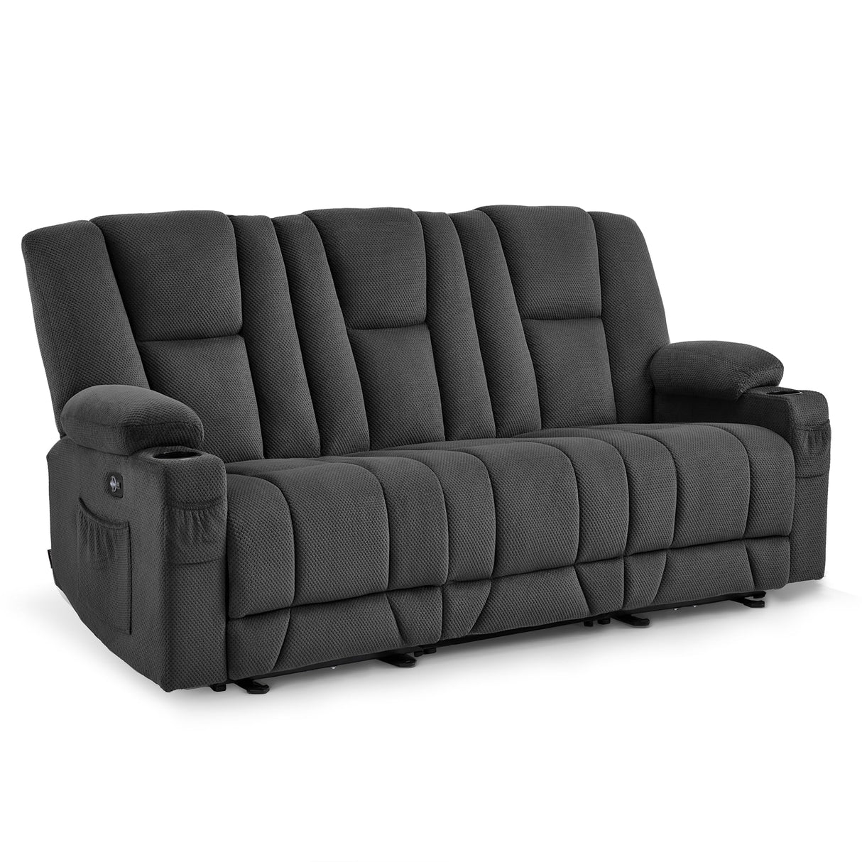 MCombo Zero Gravity Power Reclining Sofa with Heat and Vibration Massage, 3 Seater Reclining Couch with USB Ports, Cup Holders for Living Room, Fabric 6035SET (Grey, 3 Seater) MCombo