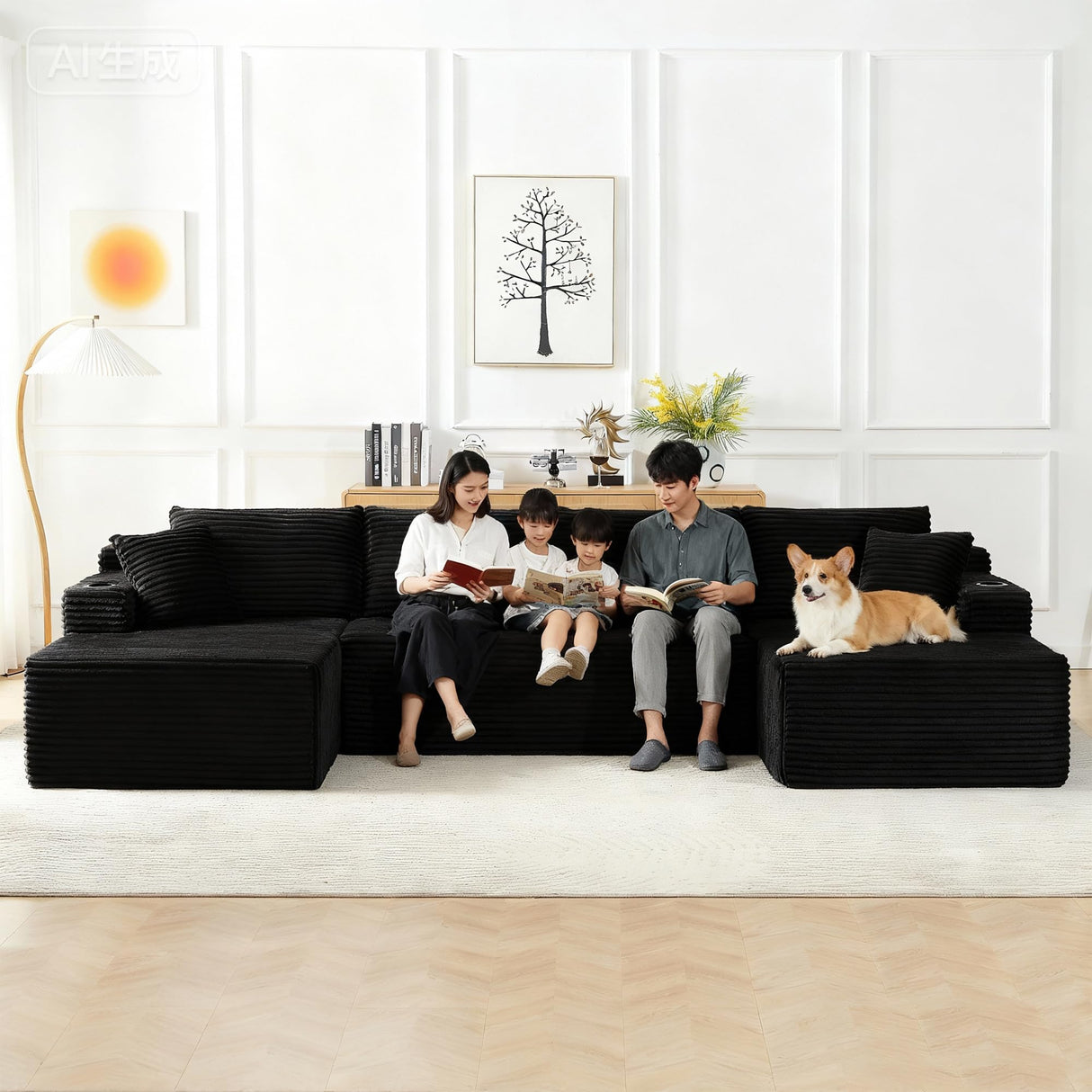 GNIXUU 133.5" Black Corduroy Boneless Sectional Couches for Living Room, Oversized Memory Foam U Shaped Cloud Modular Sectional Sofa with Deep Seat, Cup Holders & Storage Pocket, No Assembly Required GNIXUU