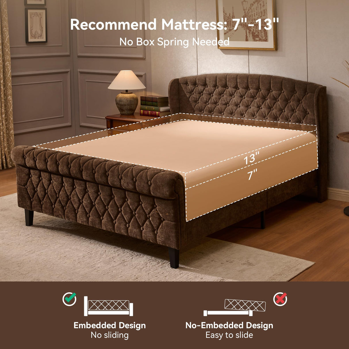 BedsPick Sleigh Queen Bed Frame with Wingback Headboard, Chenille Upholstered Bed Frame Queen Size with Button Tufted Scroll Footboard, Wood Slats Support/No Noise/Easy Assembly/No Box Spring Needed BedsPick