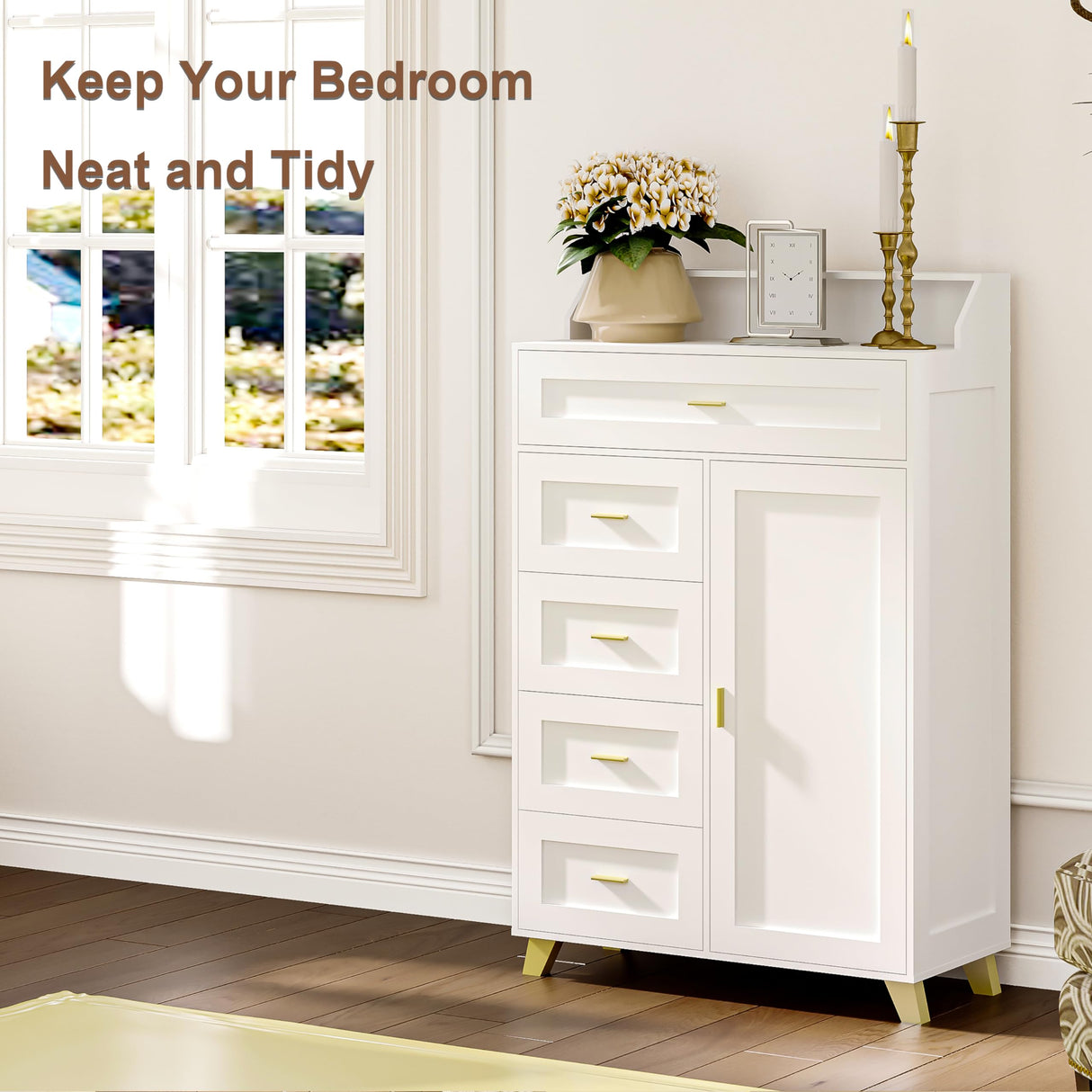 VoirStar 5 Drawers Dresser for Bedroom, Farmhouse Chest of Drawers Wood Chest of Drawers Dresser with Door, Modern Tall Dressers with LED Light, 5 Drawers Chest White Men’s Dresser with Shelves VoirStar