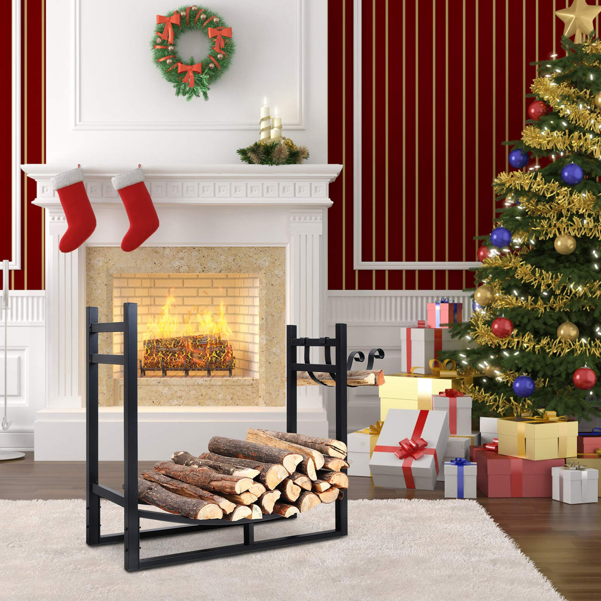 PHI VILLA Heavy Duty Firewood Racks Indoor/Outdoor Log Rack with Kindling Holder, 30 Inches Tall, Black PHI VILLA