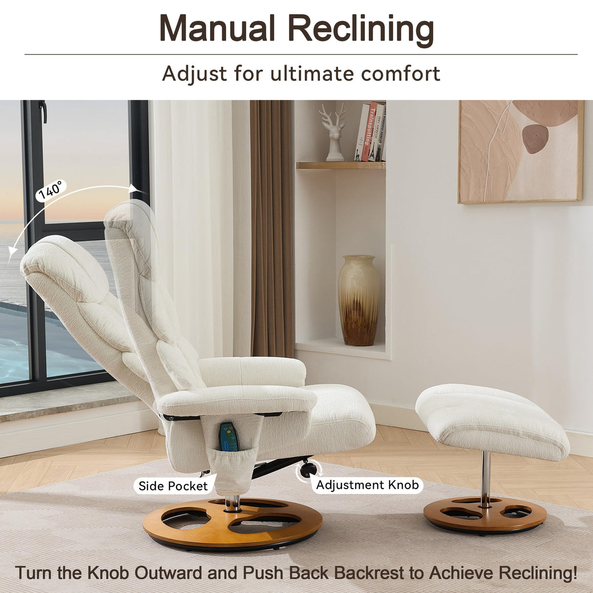 Chenille Swivel Recliner with Ottoman - Massage Recliner Chair with Heat & 360° Rotate, Swivel Stressless Reclining Chair with Ottoman & Remote-Control Massage, Manual Recliners for Bedroom (White) JCRRFLT