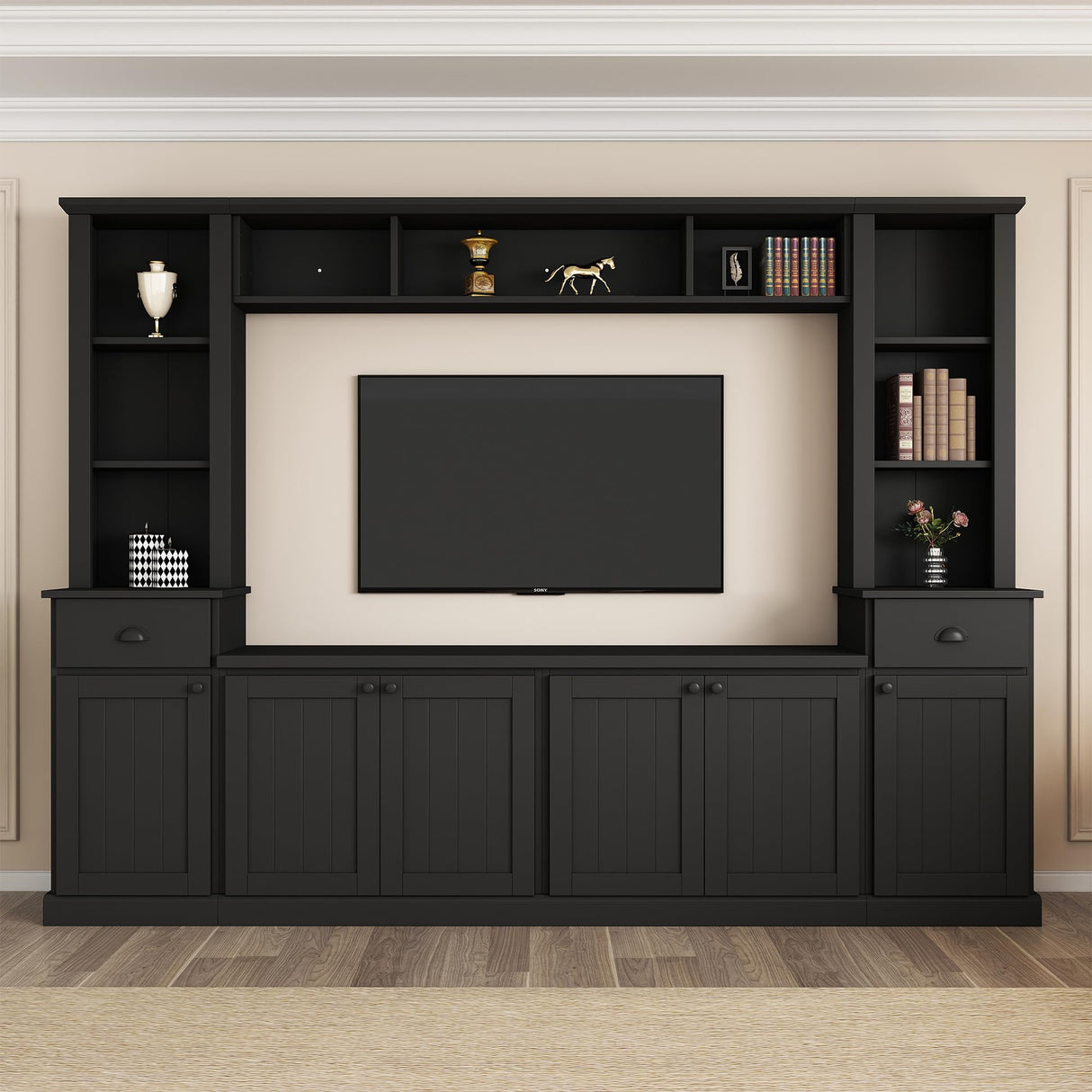 Ball & Cast TV Stand with Cabinets for TVs up to 75",Wall Unit Entertainment Center with Storage and Open Shelves,Modern Media TV Console with 2 Drawers for Living Room,Black Ball & Cast