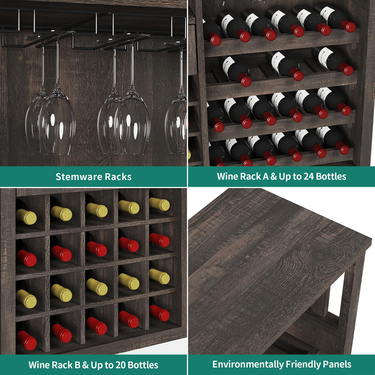 YITAHOME Wine Bar Cabinet with LED Light and Power Outlet 47" Home Coffee Bar with Wine Glass Rack Kitchen Buffet Sideboard with Storage Drawer Liquor Table for Living Dining Room Rustic Oak YITAHOME