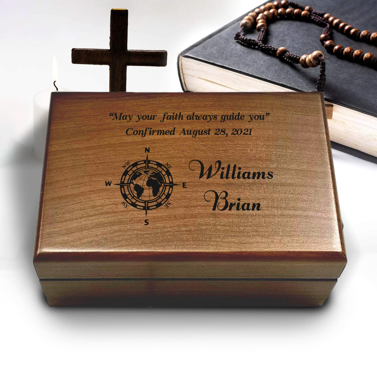 Engraved Confirmation Wooden Box, Compasses with Scripture for First Communion Keepsake Box, Baptism Gift for Godchild, Bible Verse Gift Aspera Design