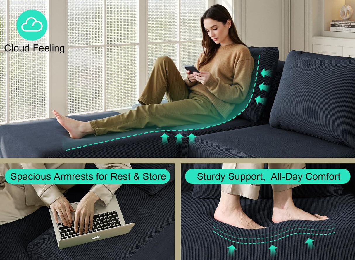 Kalafini 153" Boneless Couches for Living Room, Blue-Grey U-Shaped 6-Seat Sofa Modular Sectional Sofa, Plush Corduroy Sectional Couches, Convertible Oversized Sofa – No Assembly Required Kalafini