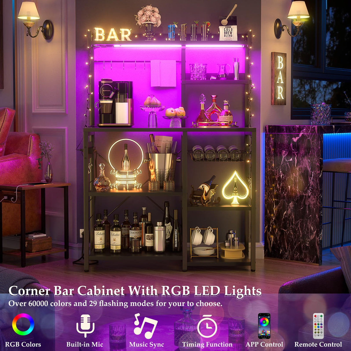 Aheaplus Bakers Rack with Power Outlet and LED Light Strings, Microwave Oven Stand Kitchen Storage Shelf with Wire Basket, Coffee Bar Station Island Table with 10 Hooks for Spices, Pots, Pans, Black Aheaplus