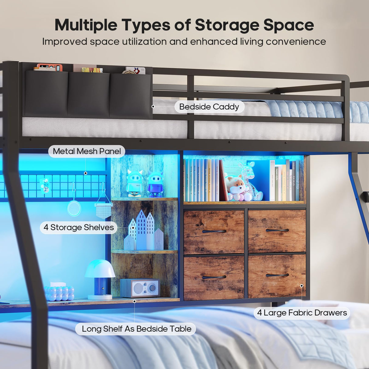BTHFST Bunk Bed Twin Over Twin with 4 Storage Drawers & Shelves & Bedside Caddy, Twin Bunk Beds with Led Lights & Charging Station, Metal Bunk Bed with Angled Ladder & Safety Guardrail, Rustic Brown BTHFST