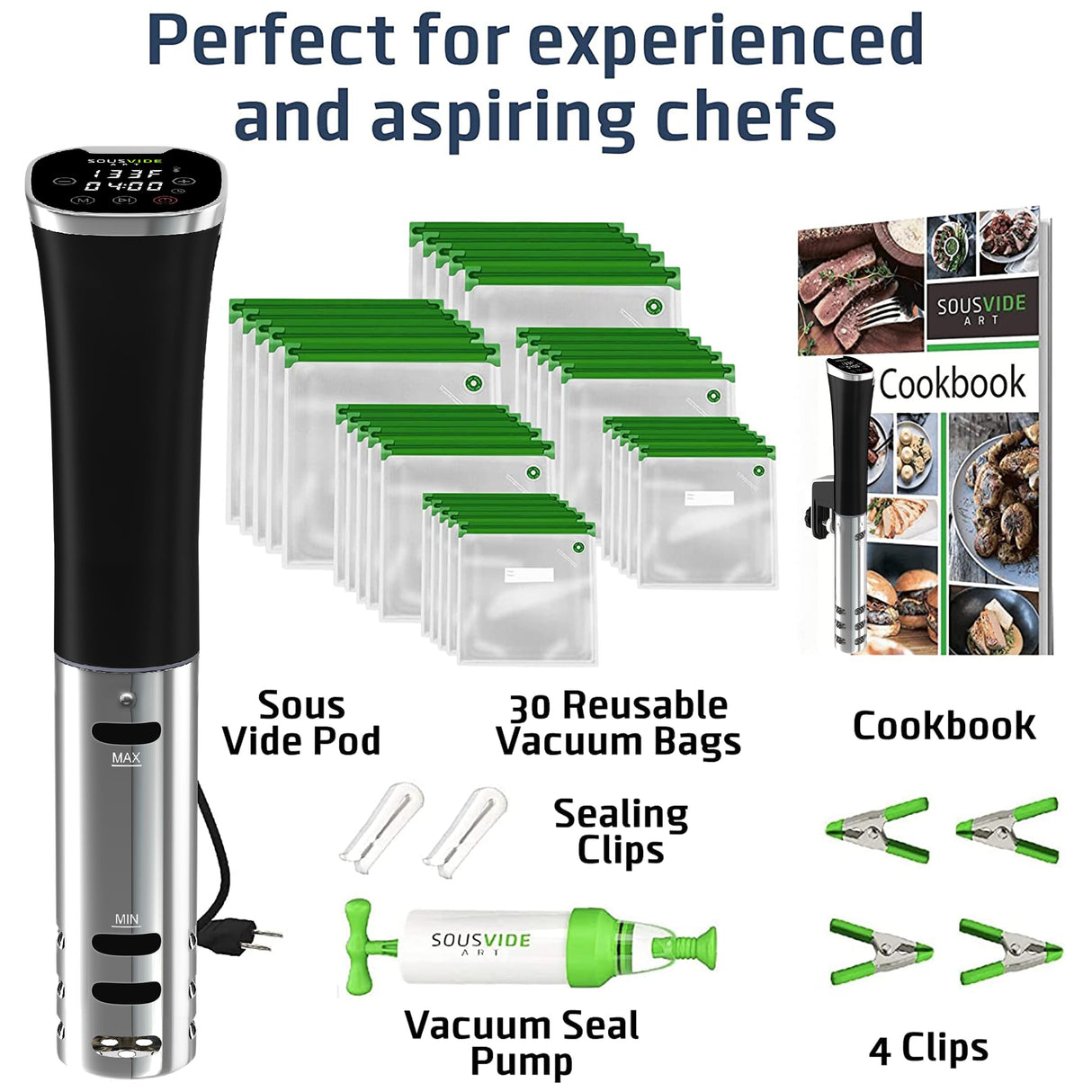 SOUSVIDE ART Sous Vide Immersion Cooker Kit - Machine with Digital Timer, Temp Control, 30 Bags, Vacuum Pump, Suvee Cooker Gift for Chefs SOUSVIDE ART