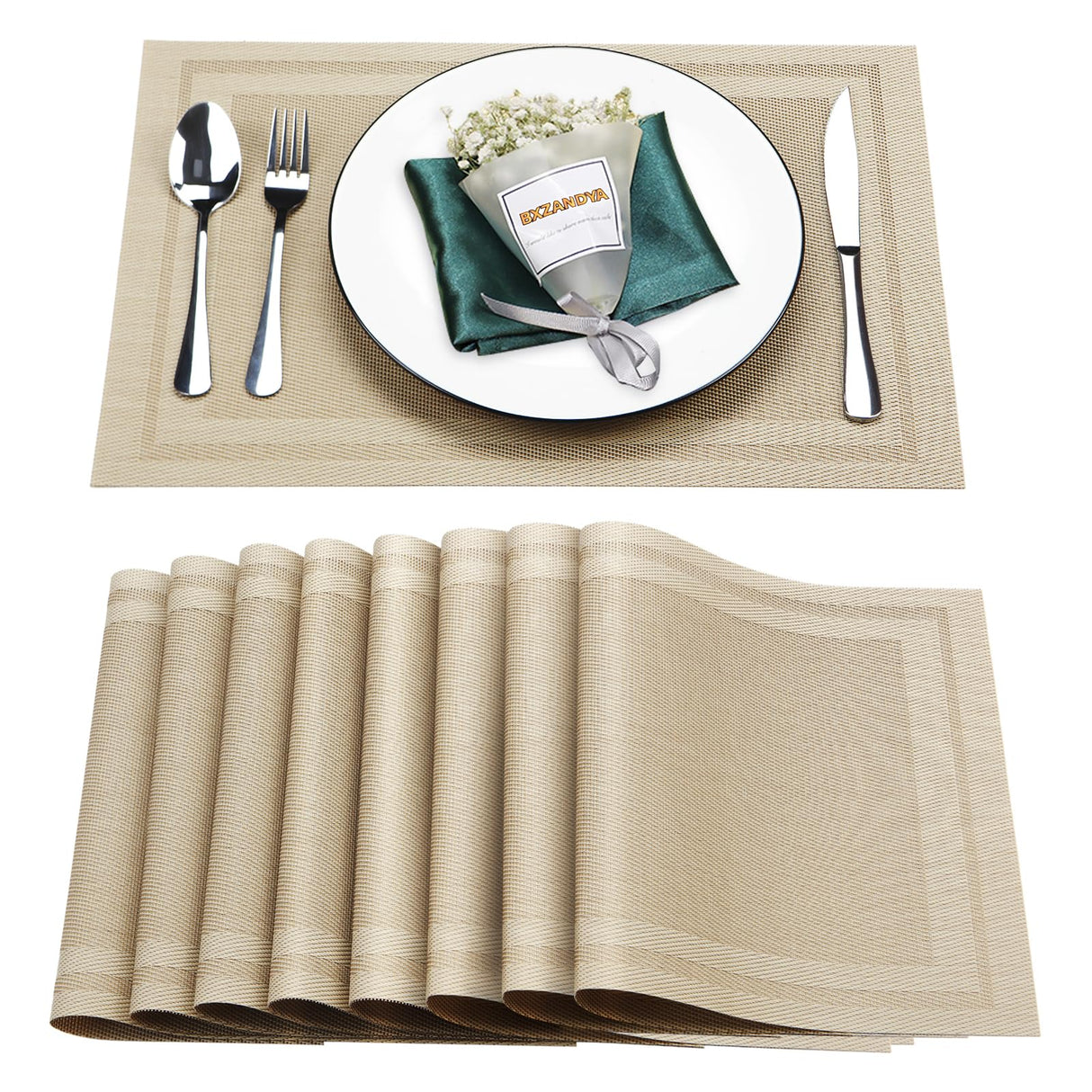 Bxzandya Placemats Set of 8,Washable,Heat and Stain Resistant Indoor/Outdoor Place mats,Vinyl Woven Non Slip Table Mats for Restaurant Table Protection,PVC Placemats(Beige,8PCS) BxzanDya