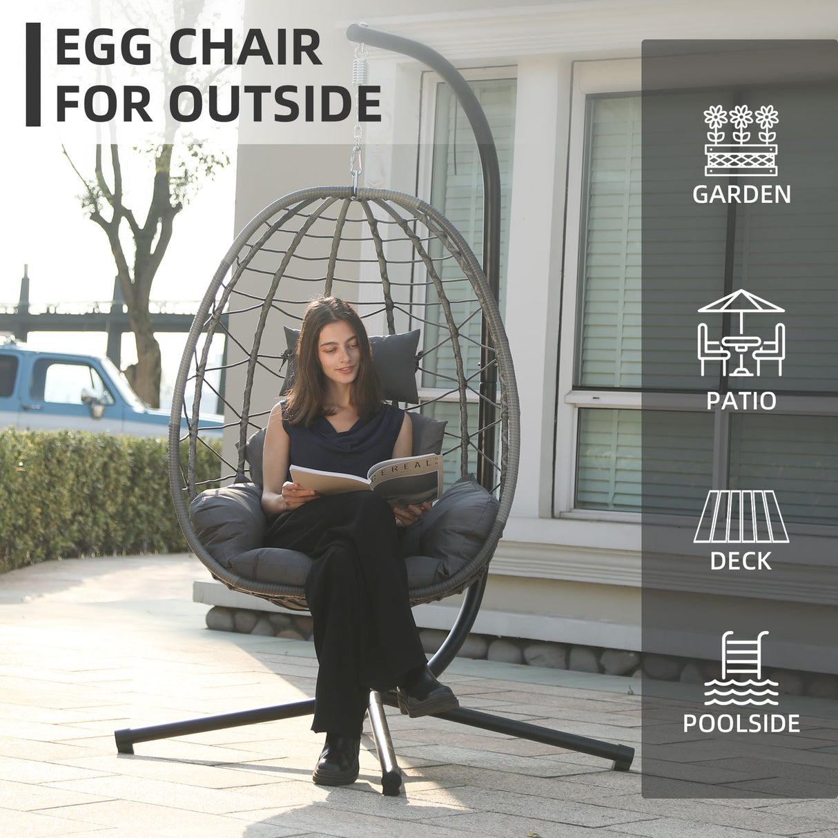 DoubleTT Egg Chair with Stand, Swing Chair Hanging Chair Nest Basket, UV Resistant Removable & Washable Cushions,350LBS Capacity for Bedroom, Balcony, Garden DoubleTT