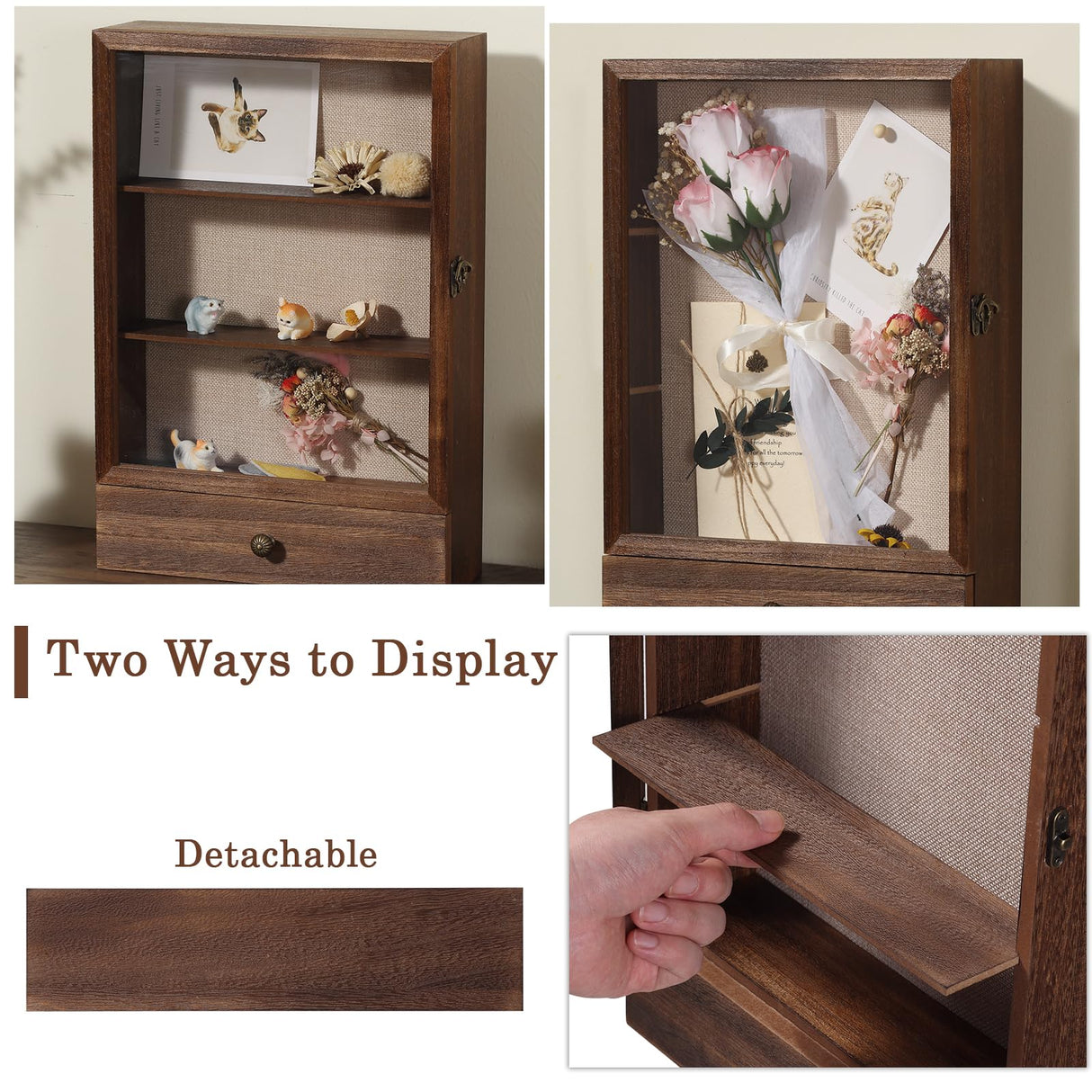 Wishtofly Shadow Box Frame 3 Deep, 11x16 Shadow Boxes Display Cases with Removable Shelves and Drawers, Wooden Memory Frames for Pictures, Flowers, Pet Memorial, Wedding Bouquet, Brown Wishtofly