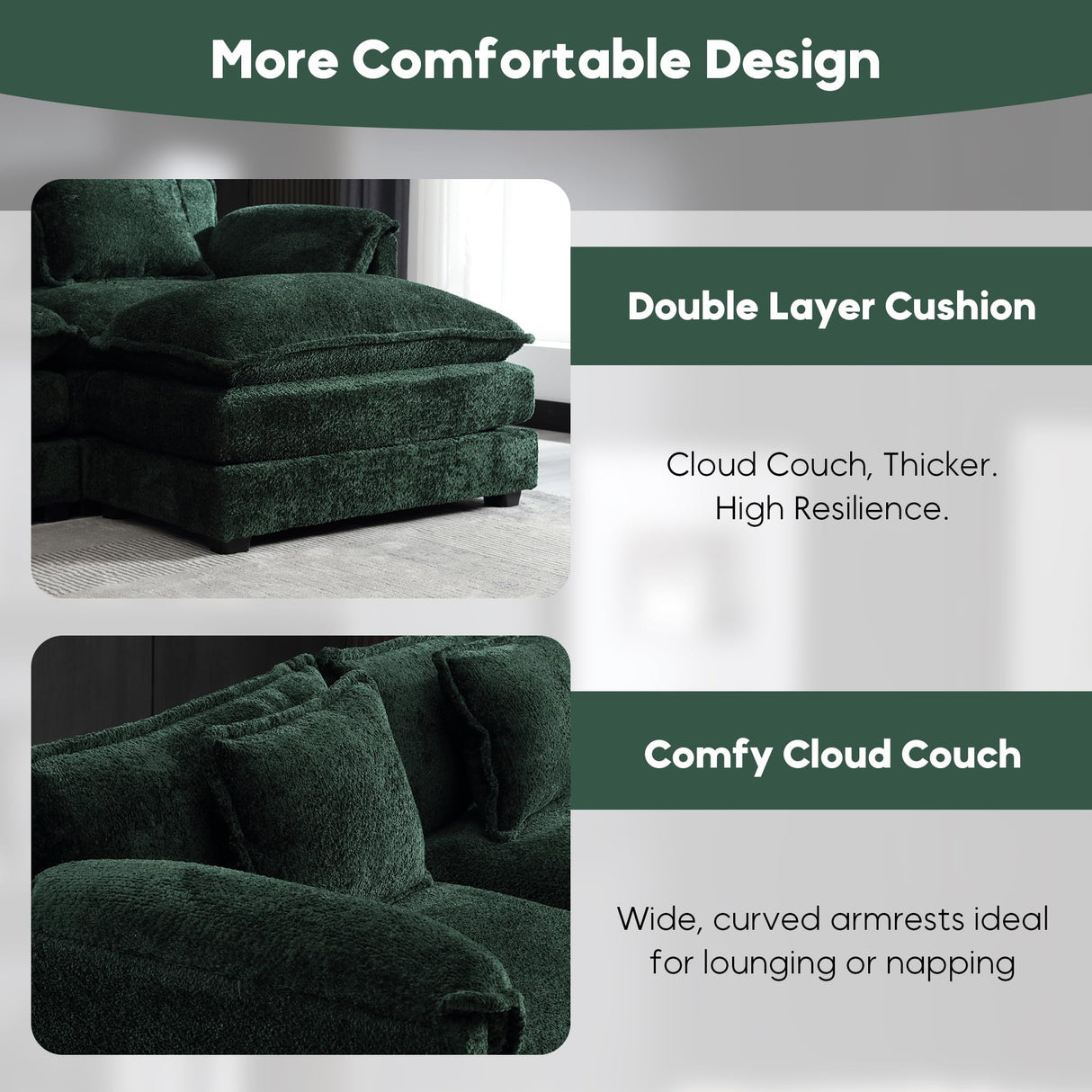 ZEIINPA L Shaped Sectional Sofa Cloud Couch for Living Room, 77" Chenille Comfy Boucle Modular loveseat Sofa, Modern Upholstery Sofa with Ottoman & Memory Foam, Emerald Green ZEIINPA