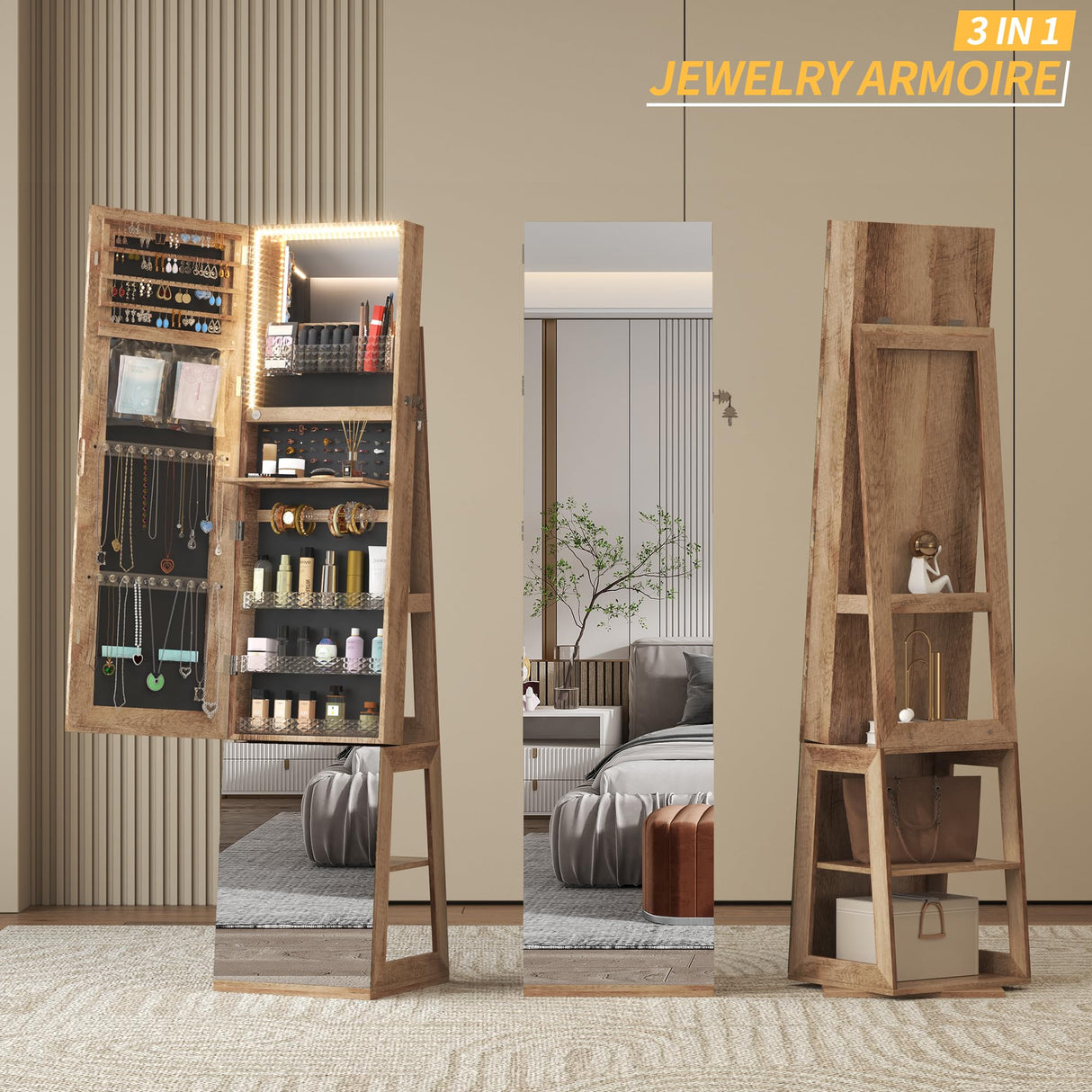 Vlsrka 360° Swivel Jewelry Cabinet with Lights, 63" H Large Capacity Jewelry Armoire with Full Length Mirror, Standing Jewelry Mirror with Storage for Jewelry, 4-in-1 design, Brown Vlsrka