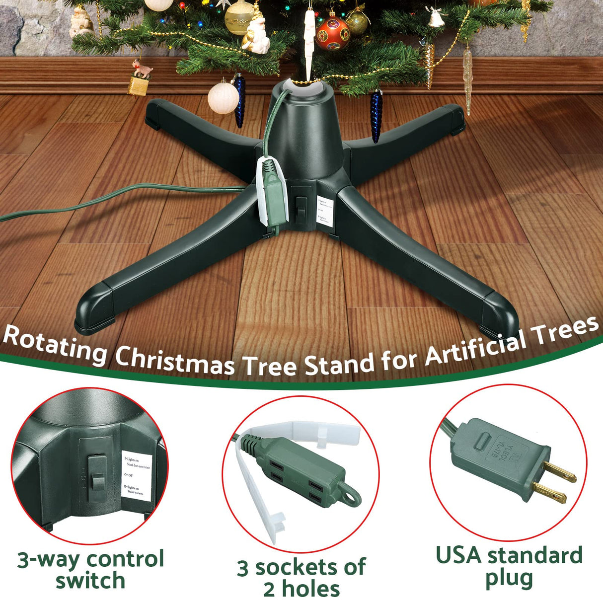 Hortsun Christmas Tree Stand 360 Degree Rotating Adjustable Tree Stand Replacement Electric Revolving Xmas Tree Base for up to 7.5ft Artificial Holiday Trees, Green Hortsun
