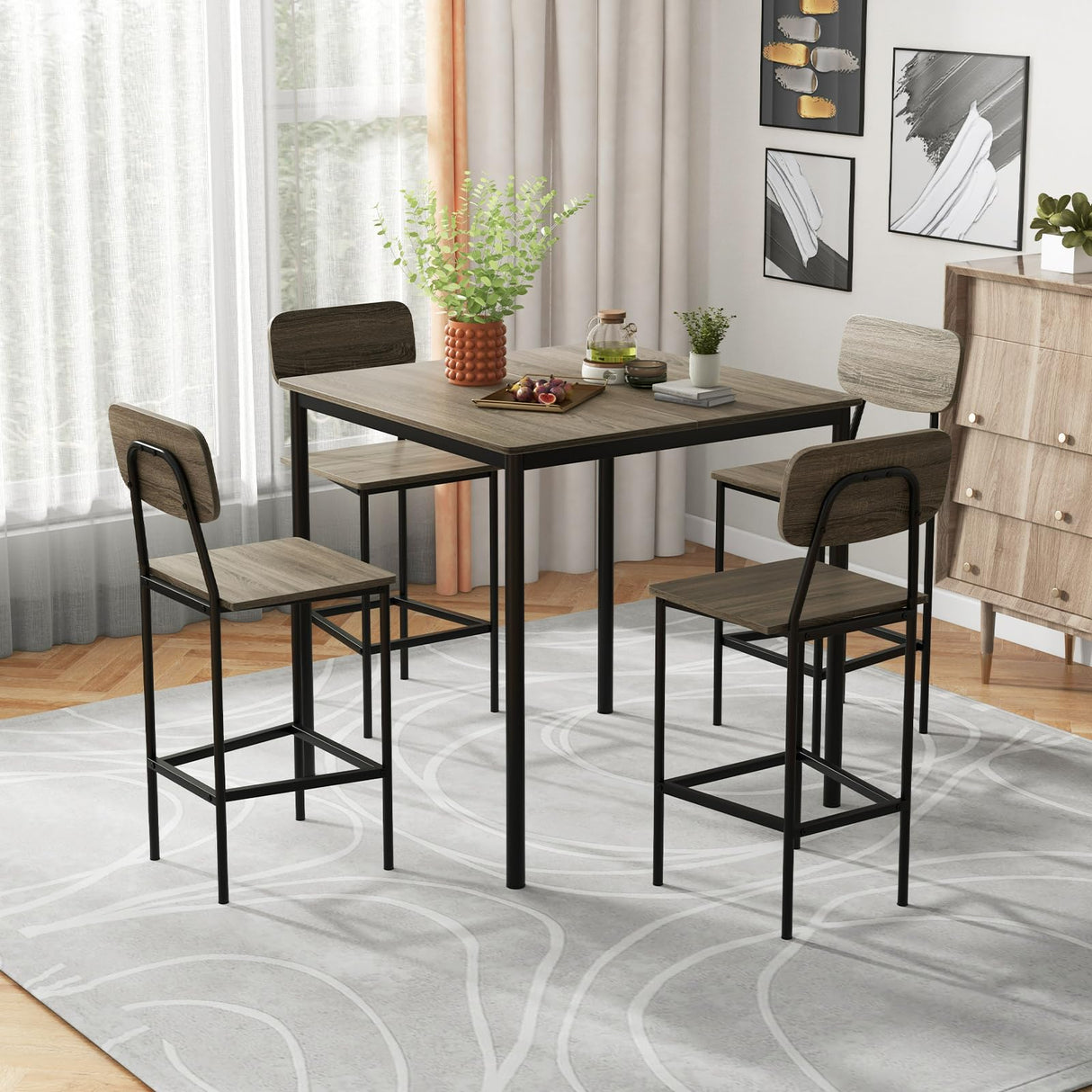 Giantex 5-Piece Dining Table Set W/Counter Height Table & 4 Bar Stools, Modern Kitchen Dining Set W/Footrest & Backrest, Space-Saving Dinette Set for Pub, Dining Room, Restaurant (Black Oak) Giantex