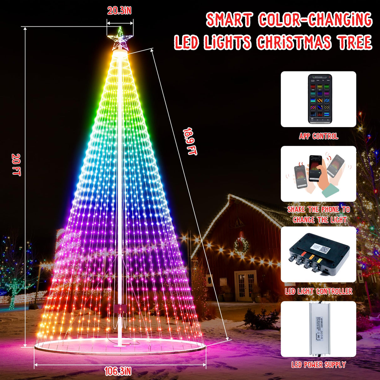 Led Outdoor Christmas Tree, 20ft Prelit Christmas Tree, Smart Outside Christmas Tree Light Show App Control with 1512 LED Lights Color Changing Sync APP & Remote Control Christmas Tree Lighting Miveda