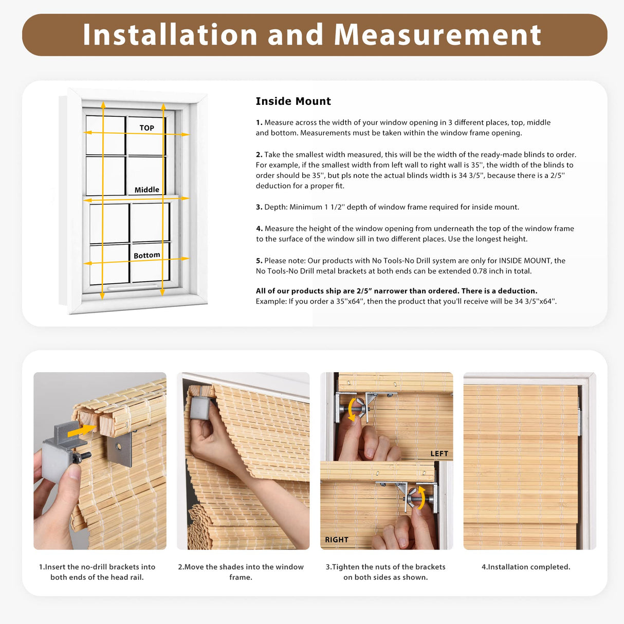LazBlinds No Tools No Drill Cordless Bamboo Roman Shades, Privacy Blinds for Interior Windows, Room Darkening Roll Up Bamboo Blinds for for Home & Patio, 24" W x 72" H, Privacy-Eastfield Teak LazBlinds