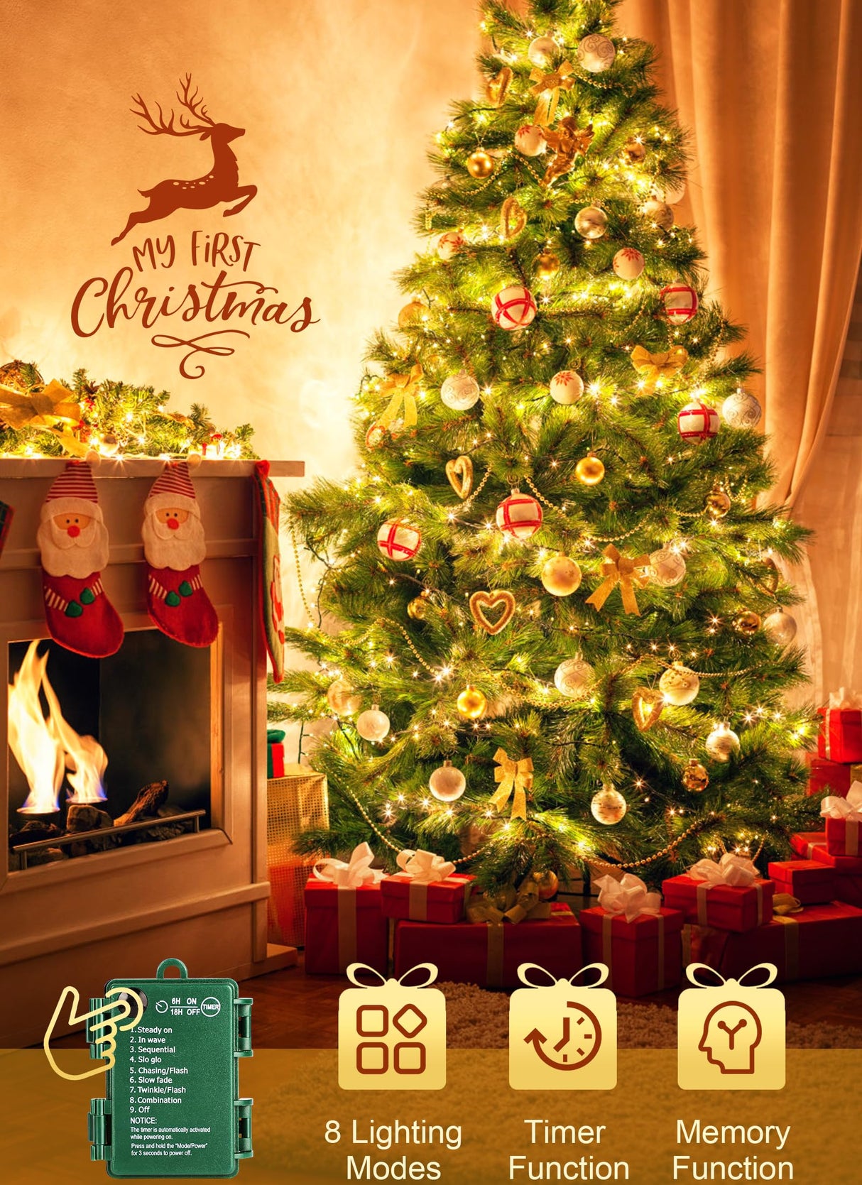 Brightown Christmas Tree Lights Battery Operated Outdoor, 10Ft 120 LED Christmas Cluster Lights Firecracker String Lights Waterproof Twinkle Lights for Indoor Wreath Xmas Tree Christmas Decorations Brightown