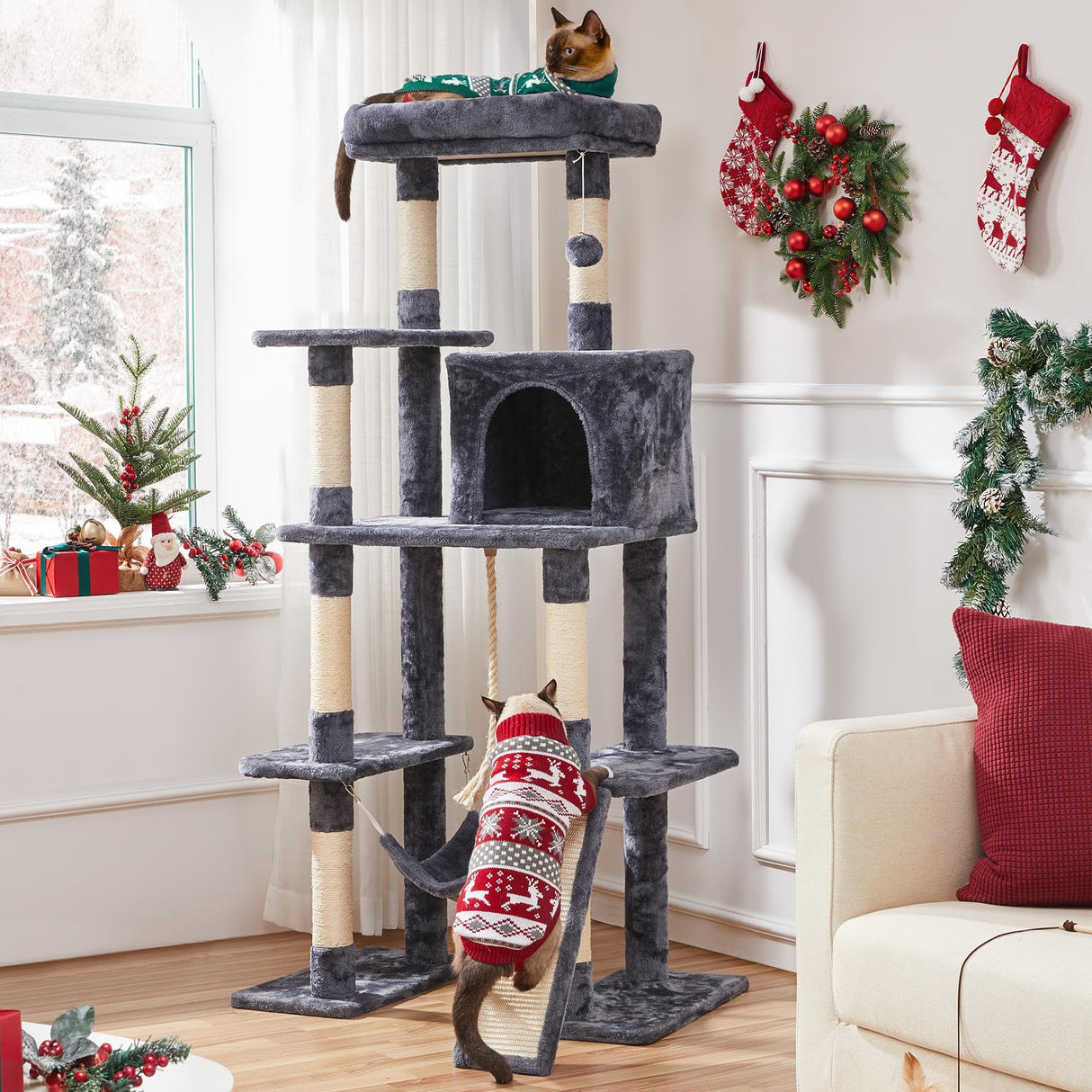 Yaheetech Large Multi-Level Cat Tree, 63 Inches Tall with Sisal-Covered Scratching Posts, Condo, Hammock, Dangling Ball, and Extended Platform for Cats to Play and Sleep Yaheetech