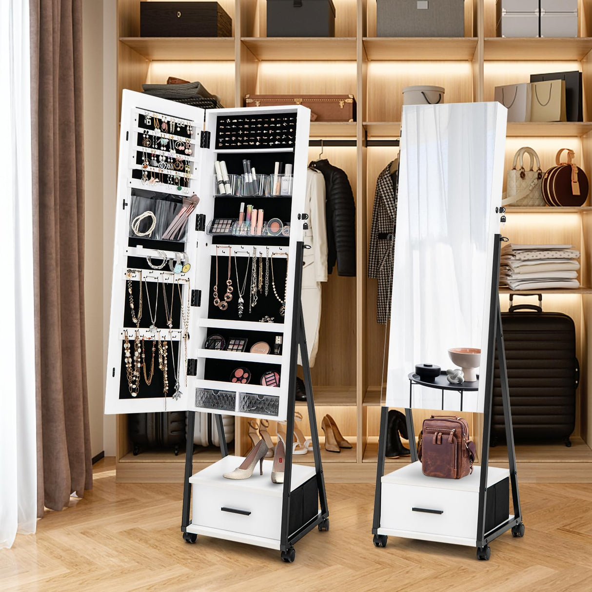 LOKO Rolling Jewelry Cabinet with Wheels, Lockable Jewelry Organizer Box with Drawers, Freestanding Jewelry Armoire with Full-length Mirror, for Women Girls Bedroom Cloakroom (White) LOKO