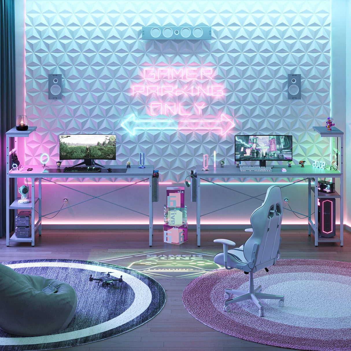 Bestier Gaming Desk with Power Outlets, 61 Inch Large Led Gamer Desk with 4 Tiers Reversible Shelves, PC Gaming Table with Headset Hook & Side Storage Bag for Bedroom (Grey 3D Carbon Fiber) Bestier