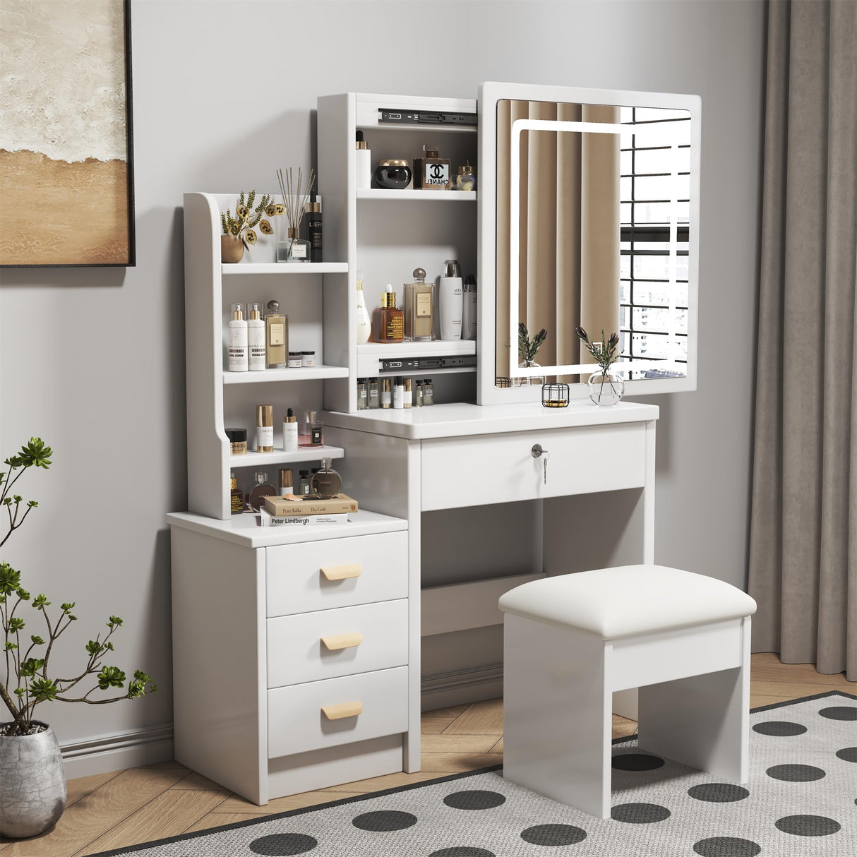 Makeup Vanity Desk with Mirror and Lights, White Vanity Table Set with 4 Drawers & Sliding Mirror & Storage Shelves, 3 Lighting Modes Brightness Adjustable, Vanity Dressing Table and Stool Montary