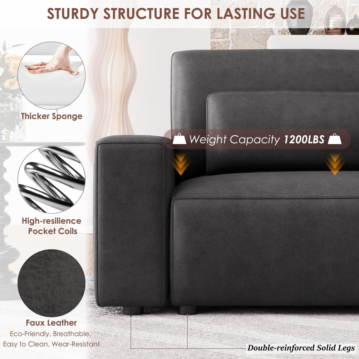 HIFIT 105" Black Faux Leather Sofa Couches for Living Room, Modern Comfy Couch with 28" Deep Seat & Fluffy Cushion, 4-Seater Home Sofa Living Room Furniture for Office with 2 Pillows, Solid Wood Frame HIFIT